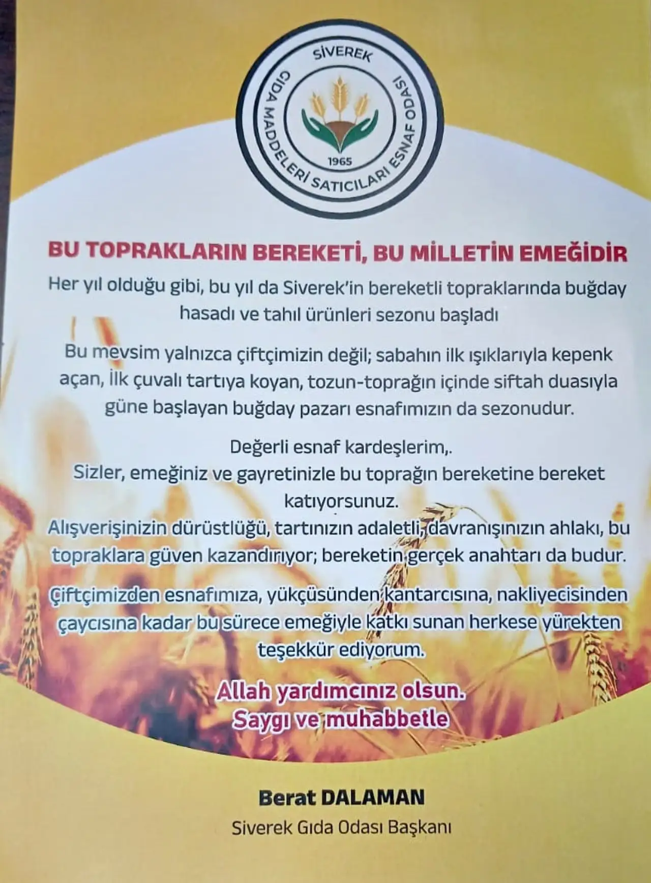 Siverek Gıda Odasından Buğday Pazarı Esnafına Moral Veren Anlamlı Dokunuş