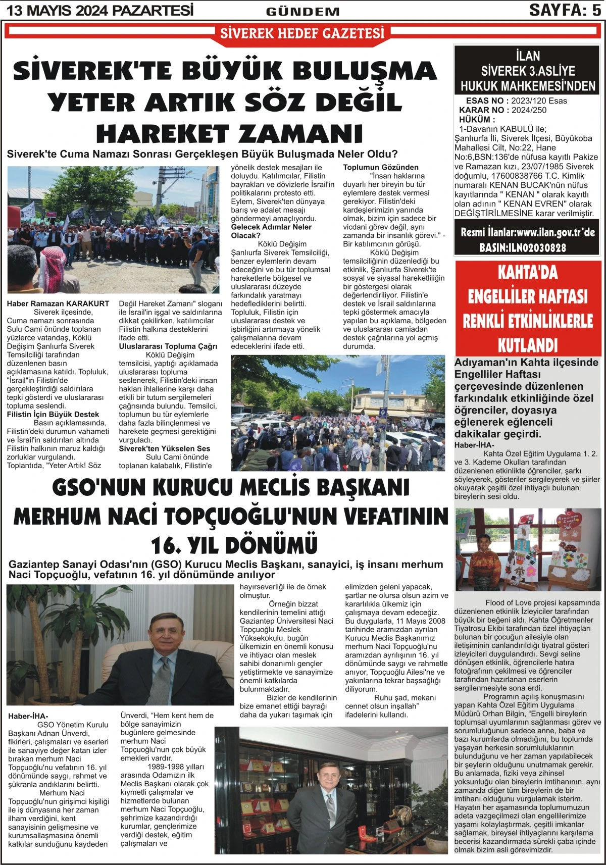 13.05.2024 Tarihli Gazetemiz