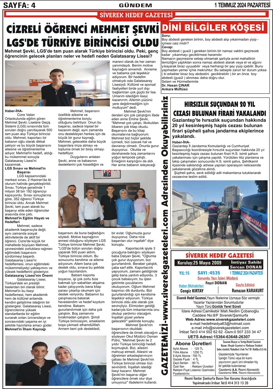 1.07.2024 Tarihli Gazetemiz