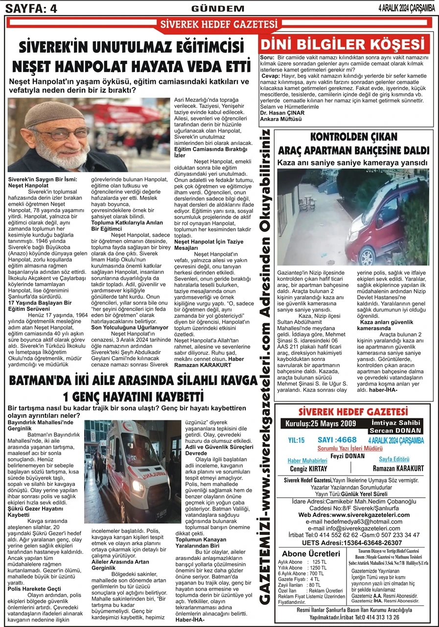 4.12.2024 Tarihli Gazetemiz