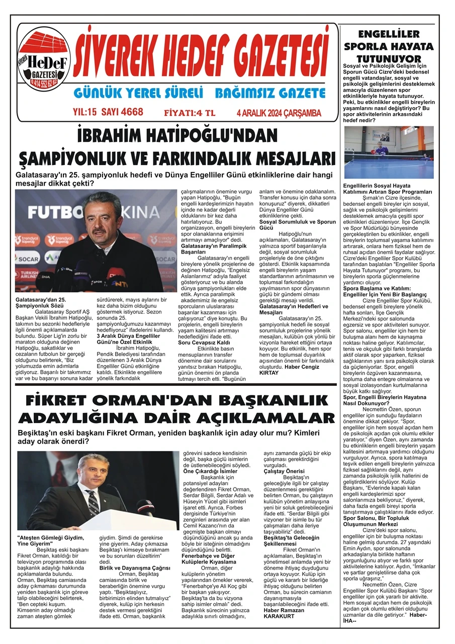4.12.2024 Tarihli Gazetemiz
