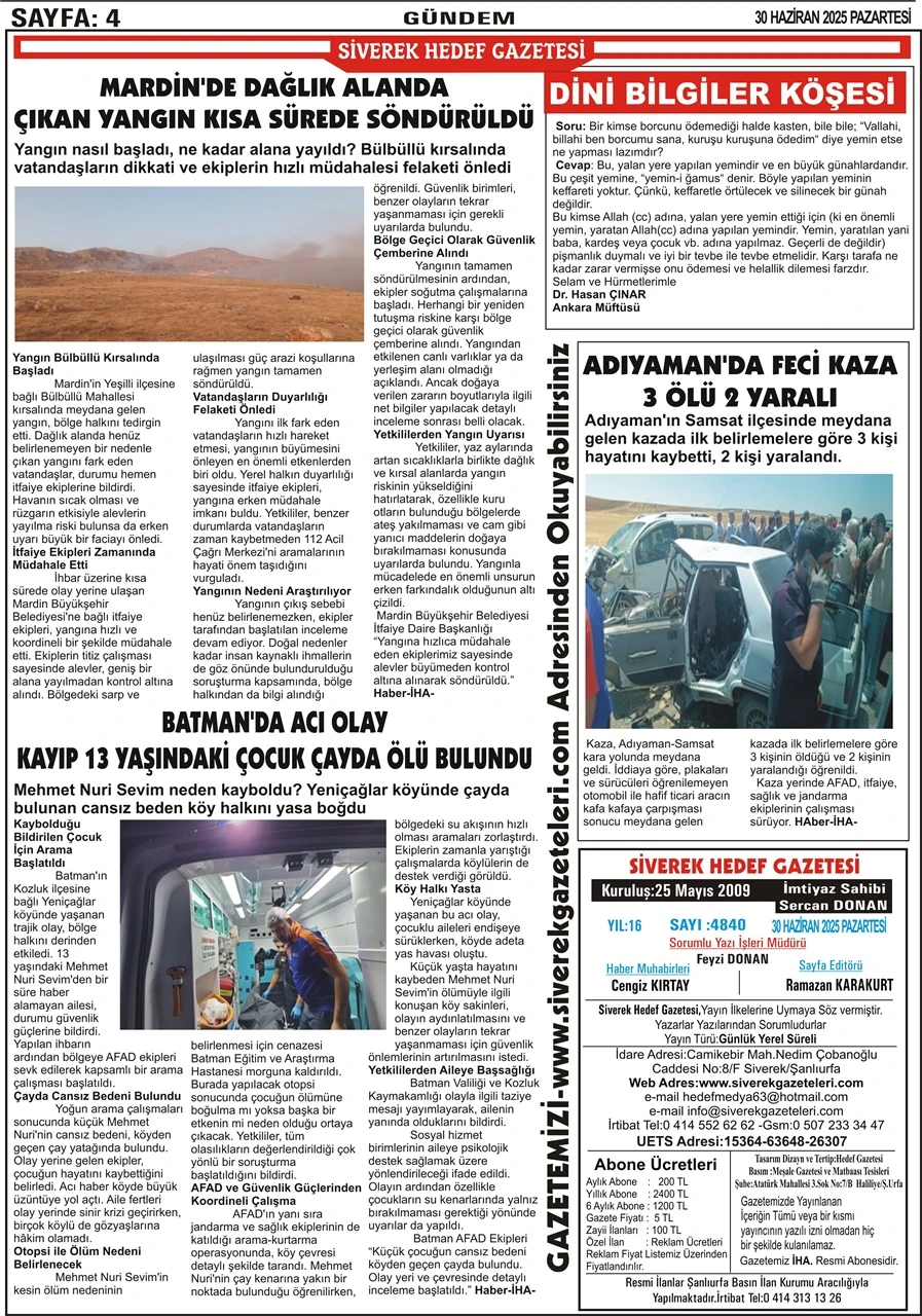 30.06.2025 Tarihli Gazetemiz