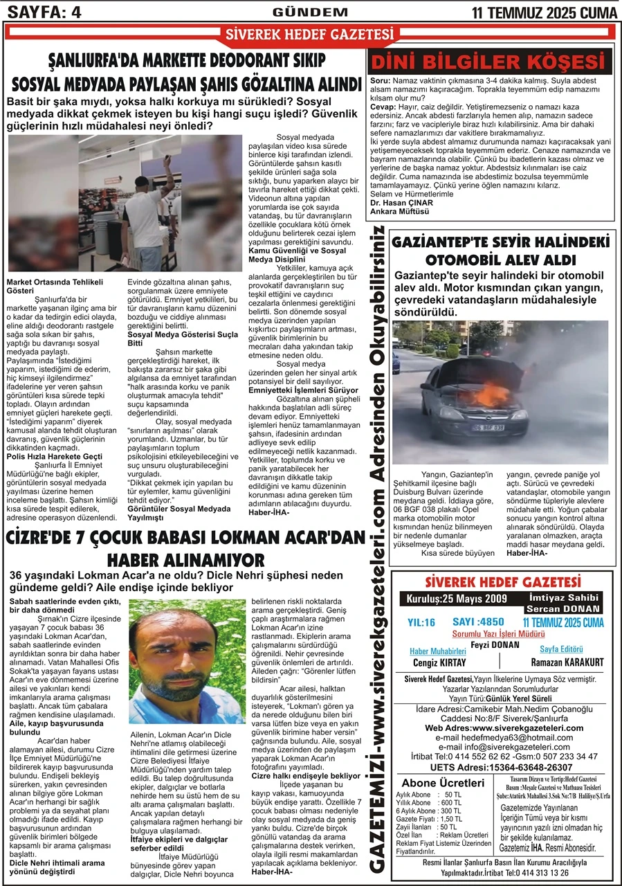 11.07.2025 Tarihli Gazetemiz