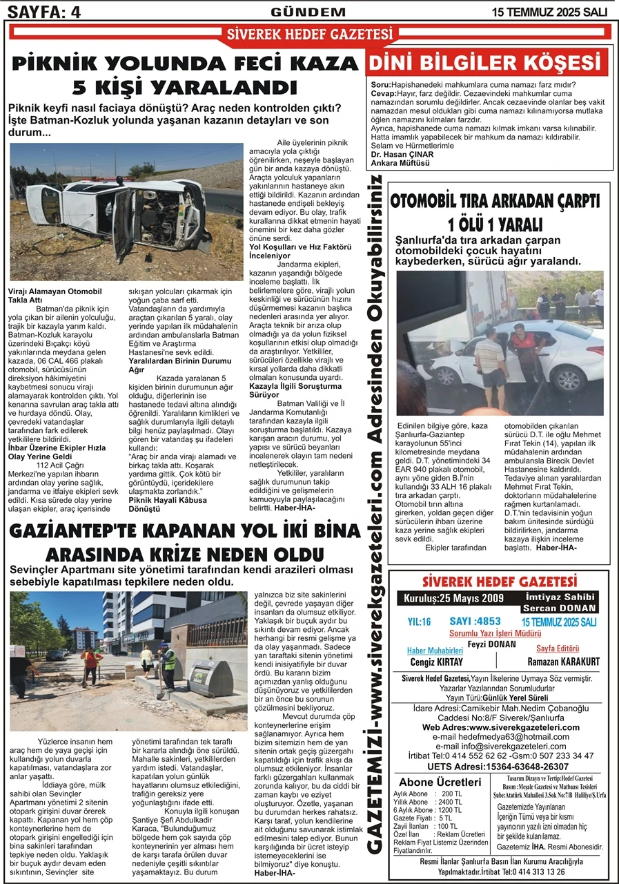 15.07.2025 Tarihli Gazetemiz