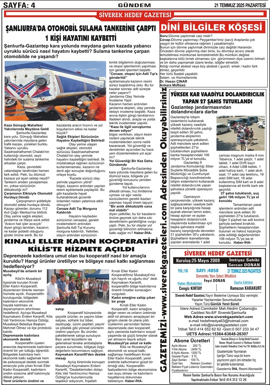 21.07.2025 Tarihli Gazetemiz
