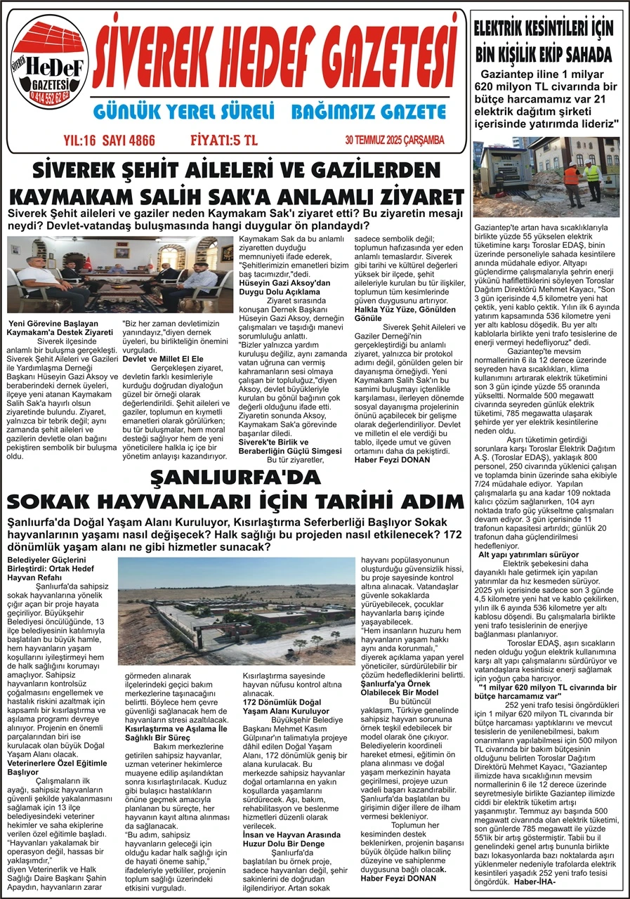 30.07.2025 Tarihli Gazetemiz