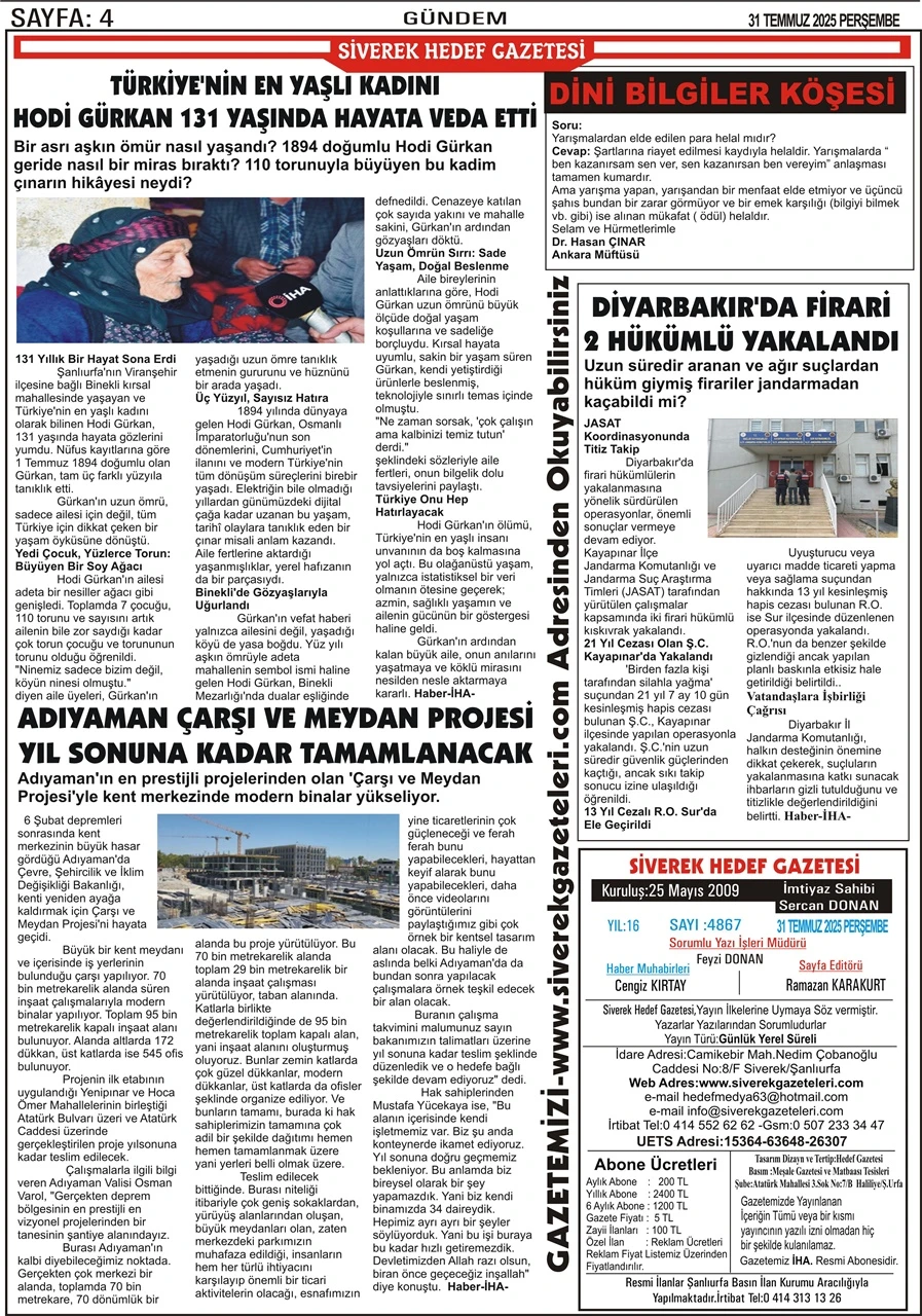 31.07.2025 tarihli Gazetemiz