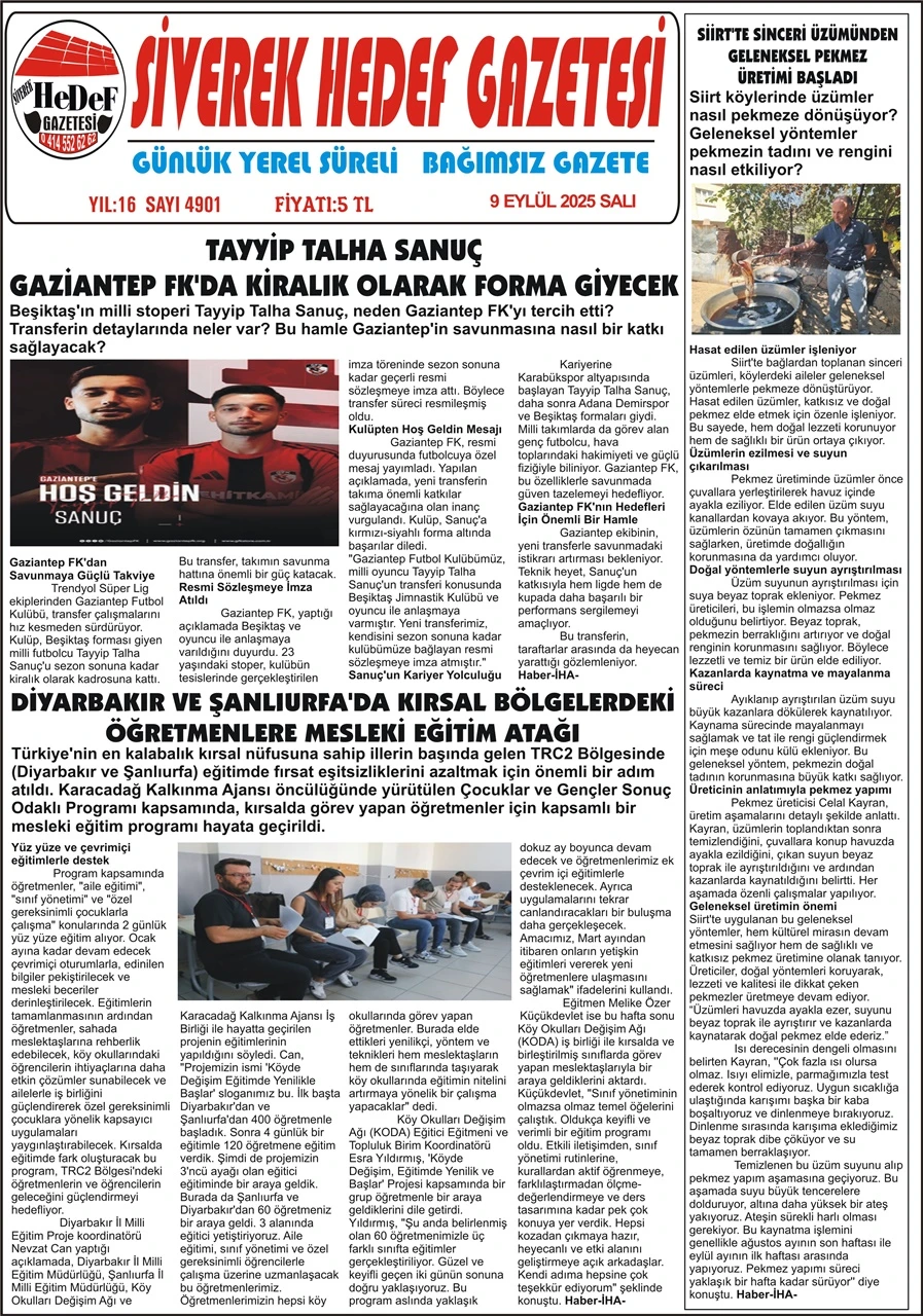 9.09.2025 Tarihli Gazetemiz