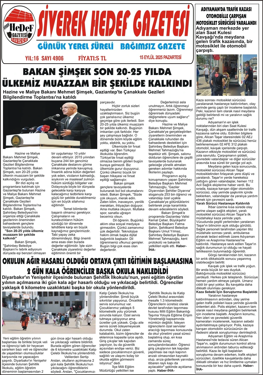 15.09.2025 Tarihli Gazetemiz
