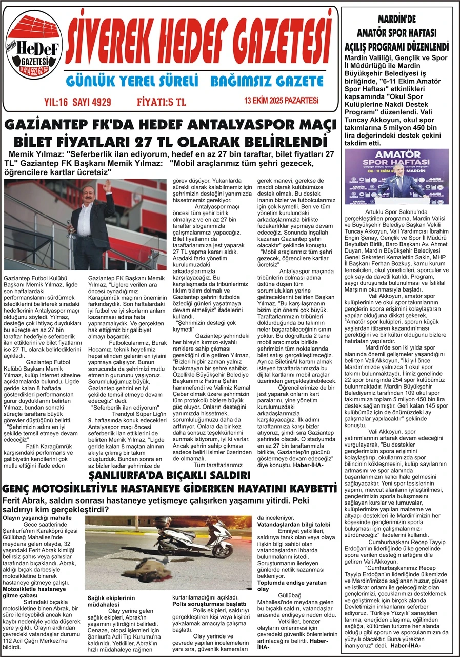 13.10.2025 Tarihli Gazetemiz