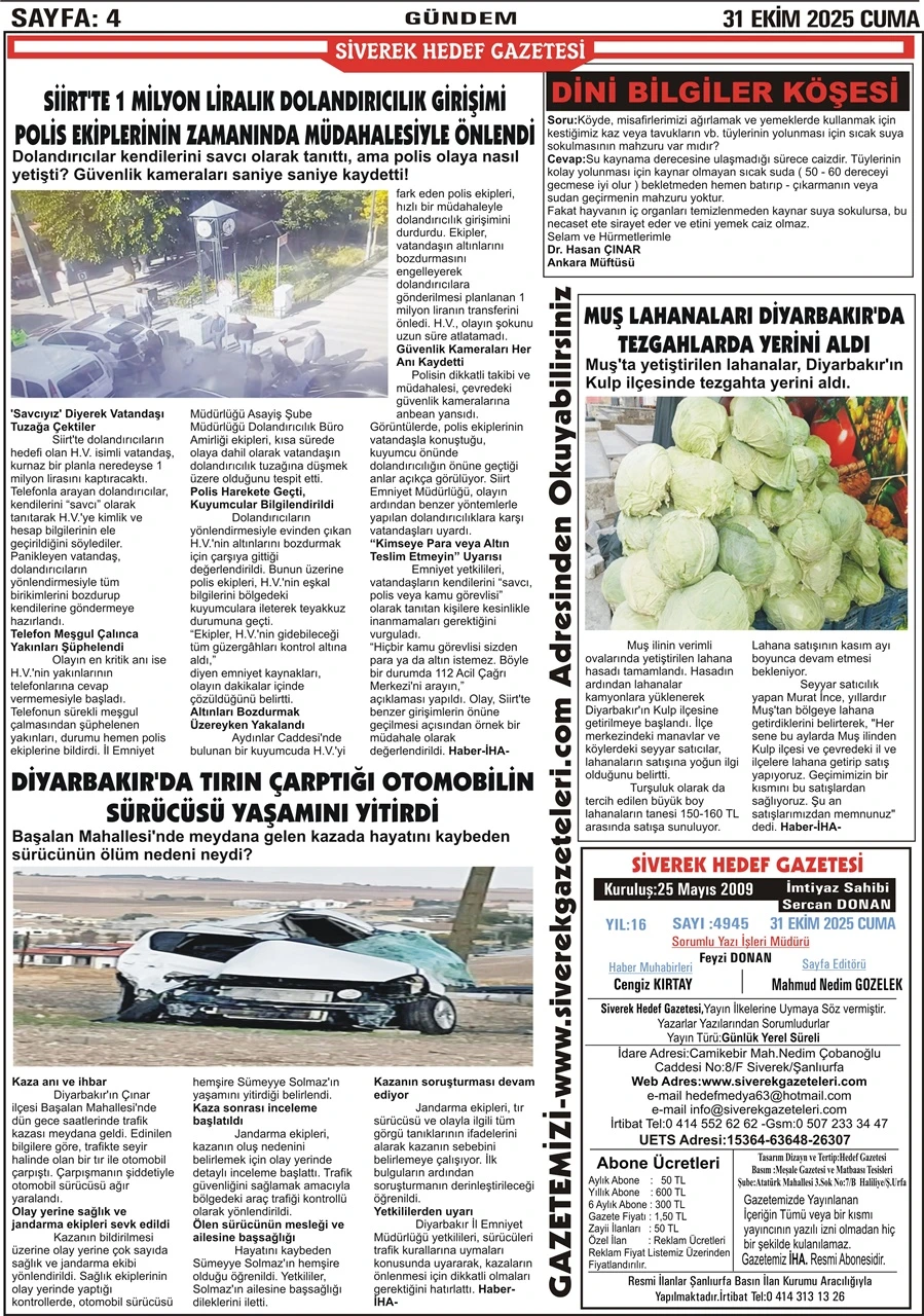 31.10.2025 Tarihli Gazetemiz