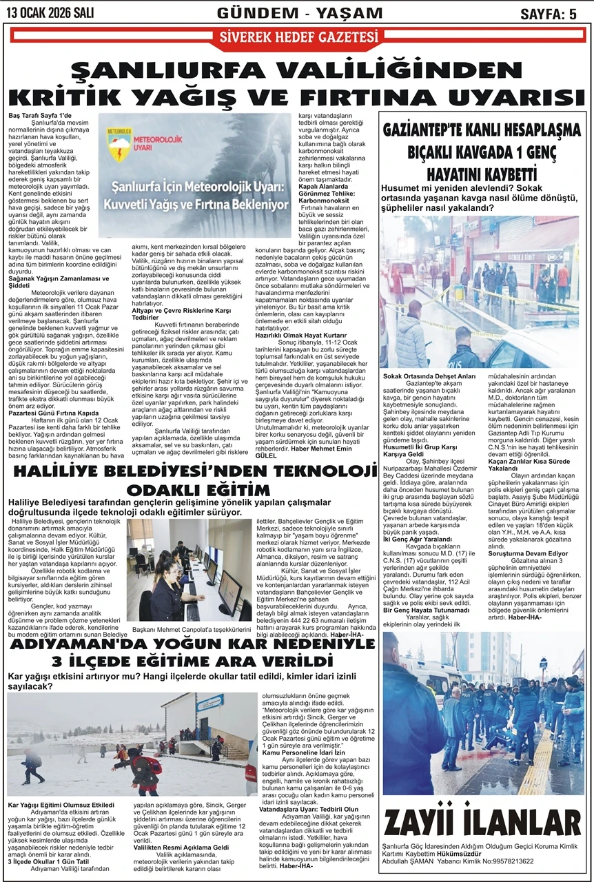 13.01.2026 Tarihli Gazetemiz