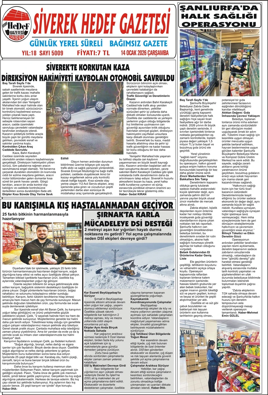 14.01.2026 Tarihli Gazetemiz