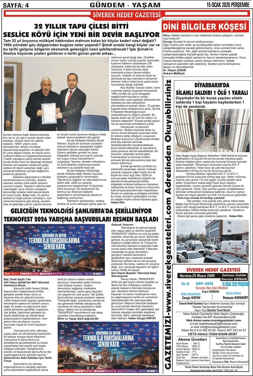 15.01.2026 Tarihli Gazetemiz