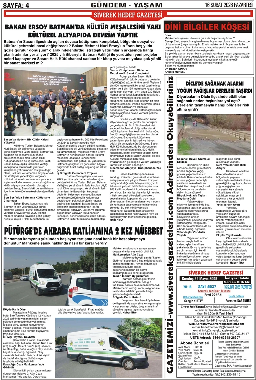 16.02.2026 Tarihli Gazetemiz