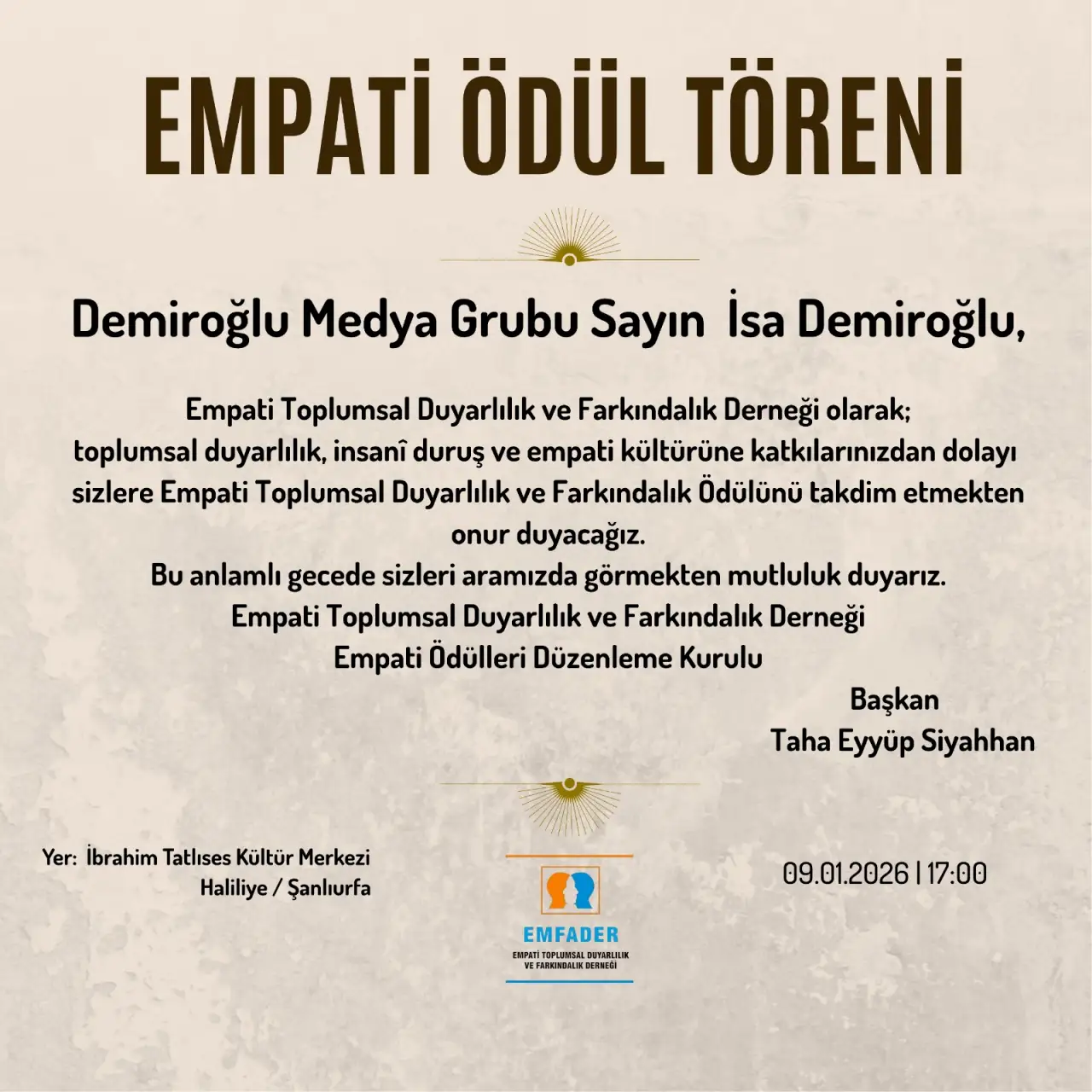 Şanlıurfa&rsquo;da Anlamlı Buluşma: Demiroğlu Medya Grubu&rsquo;na "Yılın Empati &Ouml;d&uuml;l&uuml;" Veriliyor