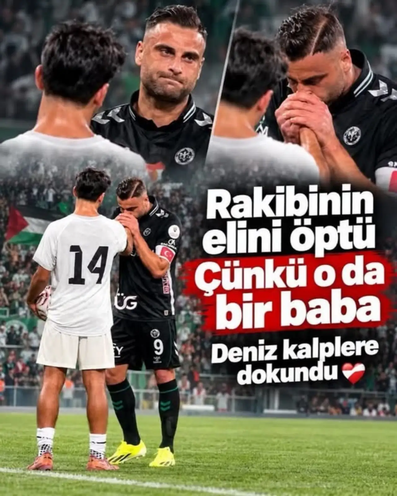 Konyaspor-Filistin Ma&ccedil;ında Duygulandıran An: Deniz T&uuml;r&uuml;&ccedil; Rakibinin Elini &Ouml;pt&uuml;