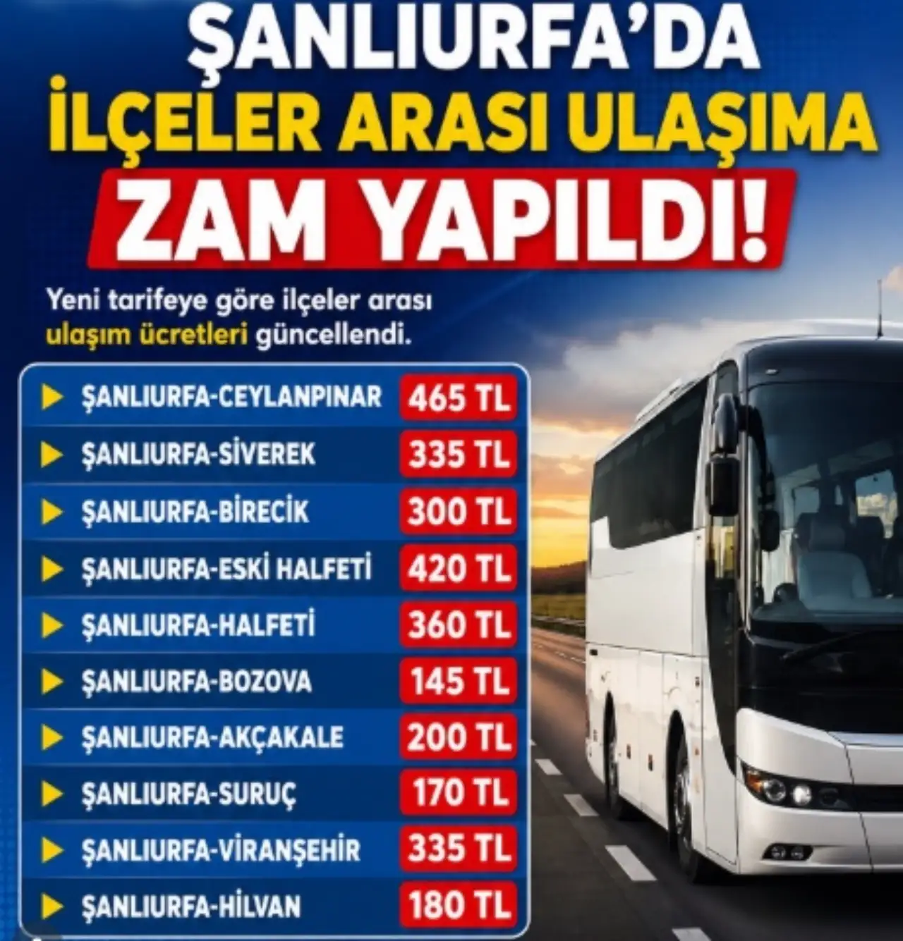 Şanlıurfa&rsquo;da İl&ccedil;eler Arası Ulaşım Tarifesi Değişti: Yeni &Uuml;cretler A&ccedil;ıklandı